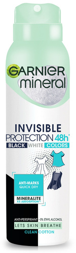 Garnier Mineral Dezodorant spray Invisible Protection 48h Clean Cotton- Black,White,Colors   150ml