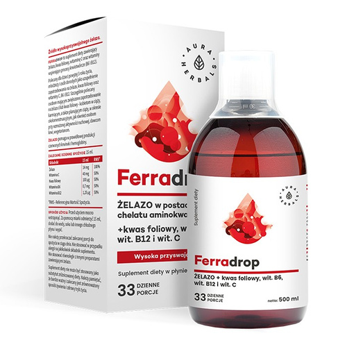 AURA HERBALS Ferradrop Żelazo z Kwasem Foliowym - Suplement Diety w Płynie 500 ml (33 Porcje)