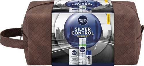 NIVEA Zestaw prezentowy męski Silver Control (Balsam po goleniu 100ml + Antyperspirant roll-on 50ml +Pianka do golenia 200ml + kosmetyczka)