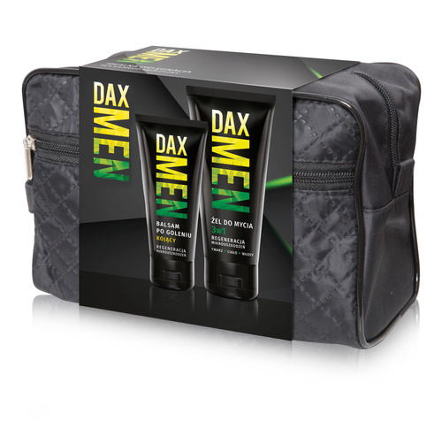 DAX MEN Zestaw prezentowy dla mężczyzn (Żel do mycia twarzy ciała i włosów 3w1 180ml + Kojący balsam po goleniu 100ml + Kosmetyczka)