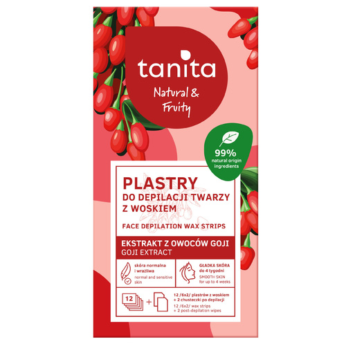 TANITA Plastry do depilacji twarzy z woskiem z ekstraktem z owoców Goji - Natural & Fruity, 12 szt. (6x2) + 2 chusteczki po depilacji