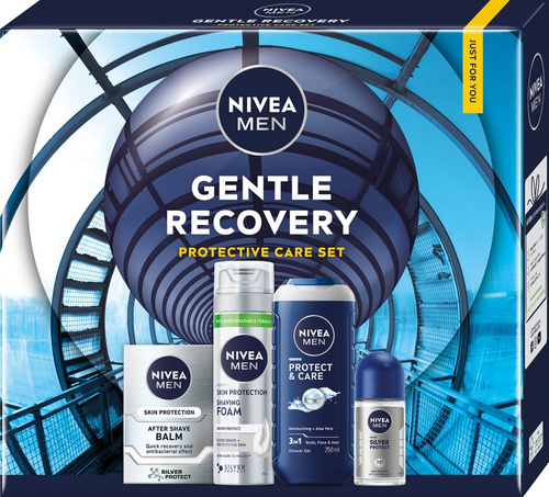 NIVEA Zestaw prezentowy męski Gentle Recovery (Pianka do golenia 200ml + Balsam po goleniu 100ml + Antyperspirant roll-on 50ml + Żel pod prysznic 250ml)