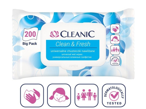 Cleanic Chusteczki nawilżane uniwersalne Clean&Fresh -200szt