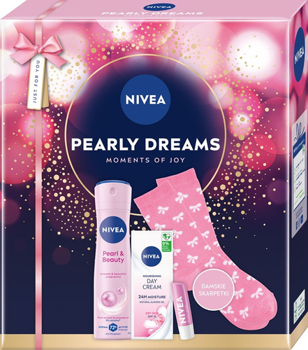 NIVEA Zestaw prezentowy damski Pearly Dreams (Antyperspirant spray 150ml + Krem na dzień 50ml + Pomadka do ust + skarpetki)