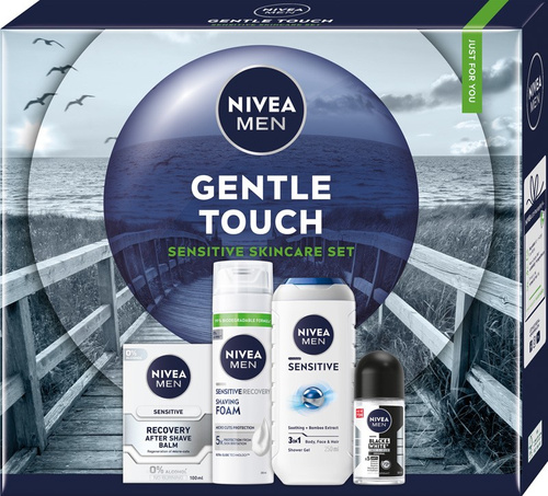 NIVEA Zestaw prezentowy męski Gentle Touch (Żel pod prysznic 250ml + Antyperspirant roll-on 50ml + Balsam po goleniu 100ml + Pianka do golenia 200ml)