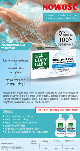 BIAŁY JELEŃ Mydło glicerynowe hipoalergiczne 100 g - bezzapachowe