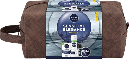 NIVEA Zestaw prezentowy męski Sensitive Elegance (Antyperspirant roll-on 50ml + Krem uniwersalny 75ml +Pianka do golenia 200ml + Balsam po goleniu 100ml + kosmetyczka)