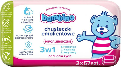 Nivea Bambino Chusteczki emolientowe 3w1 hipoalergiczne 2 x 57 szt