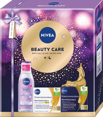 NIVEA Zestaw prezentowy damski Beauty Care (Płyn micelarny 200ml + Krem na dzień 55+ 50ml + Krem na noc 55+ 50ml)