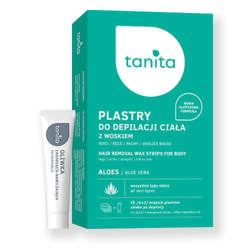 TANITA Aloesowe plastry do depilacji ciała z woskiem 12sztuk + 10ml oliwka