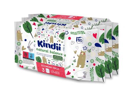 Kindii Natural Balance Chusteczki oczyszczające dla niemowląt i dzieci TRIO 1op.-3x60szt