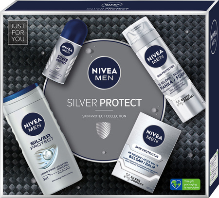 Nivea Men Zestaw prezentowy Silver Protect (żel pod prysznic 250ml+pianka do golenia 200ml+balsam po goleniu 100ml+deo roll-on 50ml)