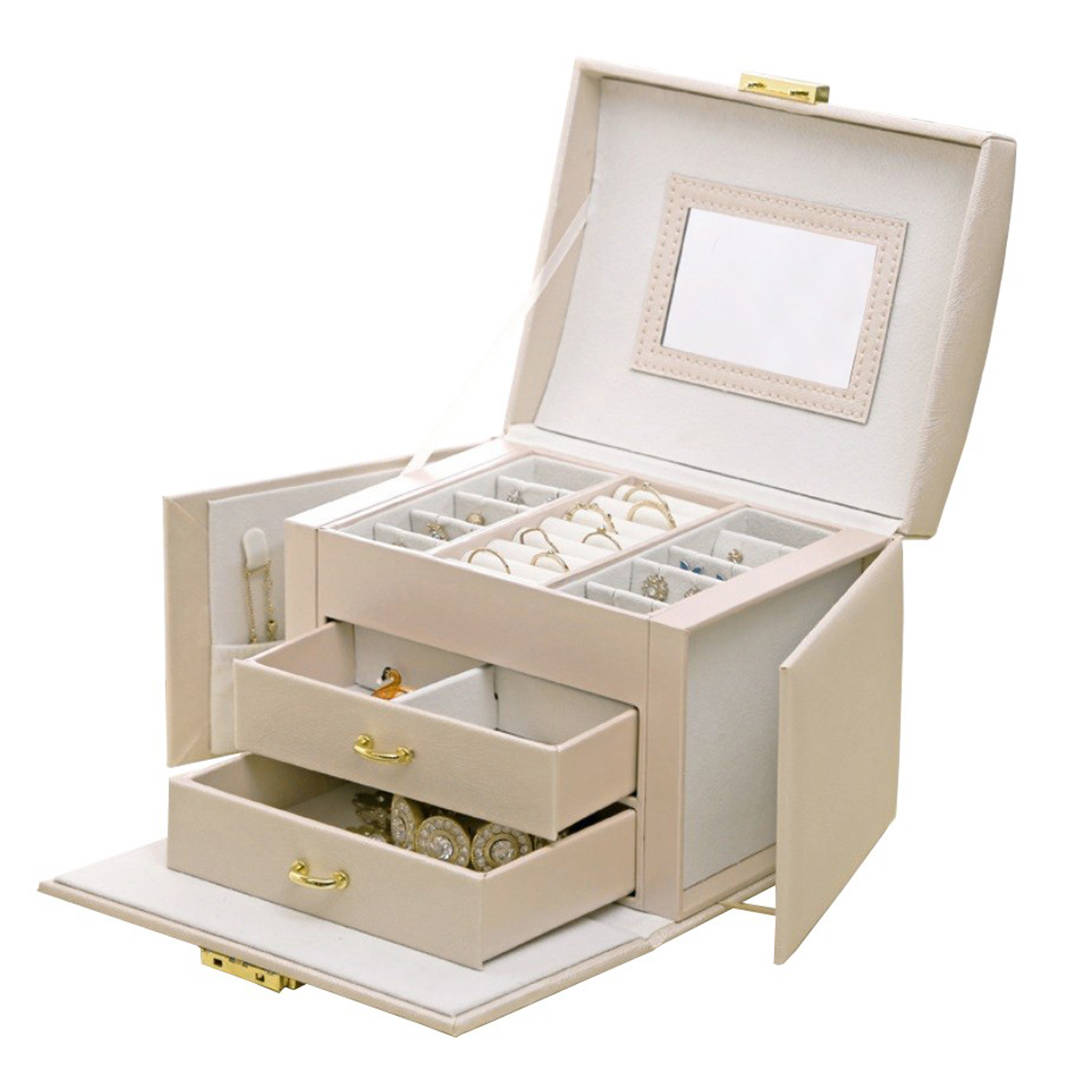 Szkatułka-kuferek na biżuterię z szufladkami - kremowa 1szt